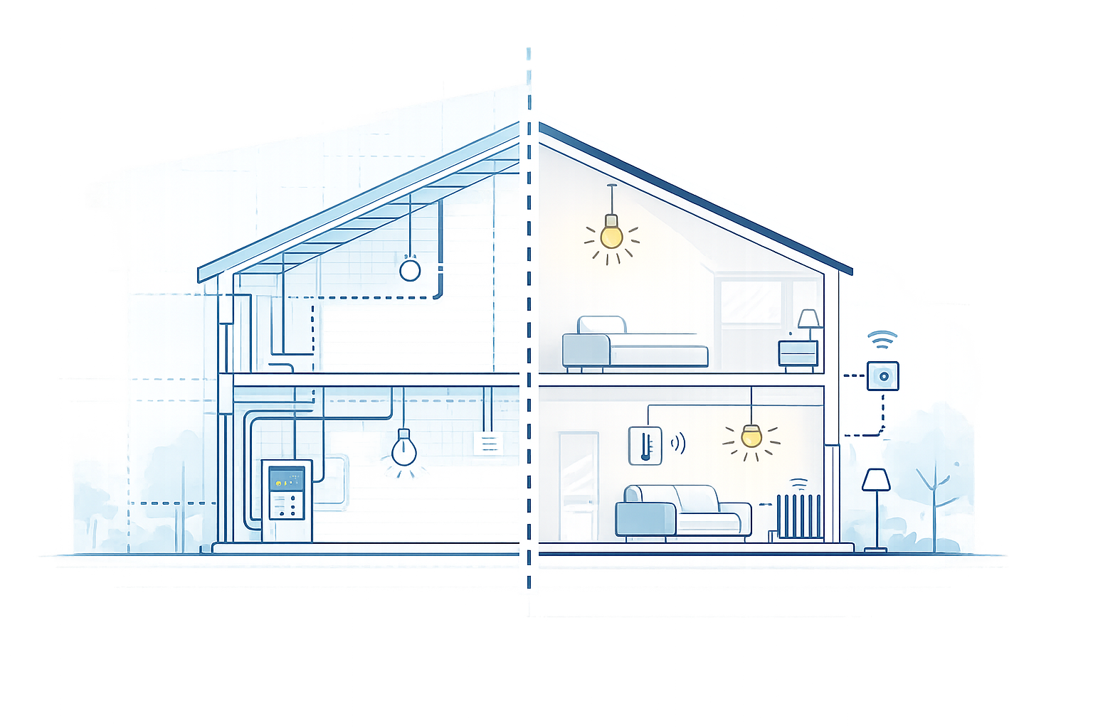 Illustration of a new build and a smart home retrofit